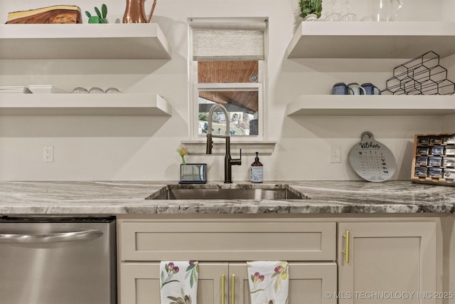 kitchen with a sink, open shelves, and stainless steel dishwasher