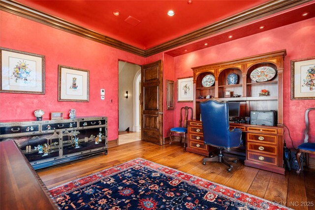 3217 E 61st Pl, Tulsa, OK 74136 - office space featuring hardwood / wood-style floors, recessed lighting, arched walkways, and crown molding