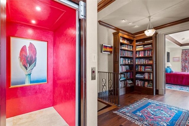 3217 E 61st Pl, Tulsa, OK 74136 - hall with elevator, wood finished floors, an upstairs landing, and ornamental molding