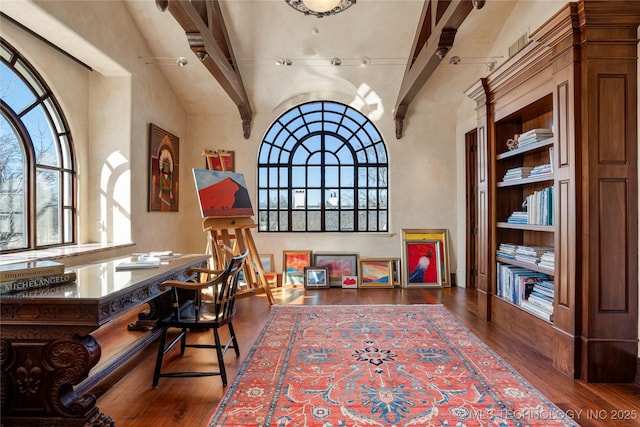 3217 E 61st Pl, Tulsa, OK 74136 - office area featuring a towering ceiling and hardwood / wood-style flooring