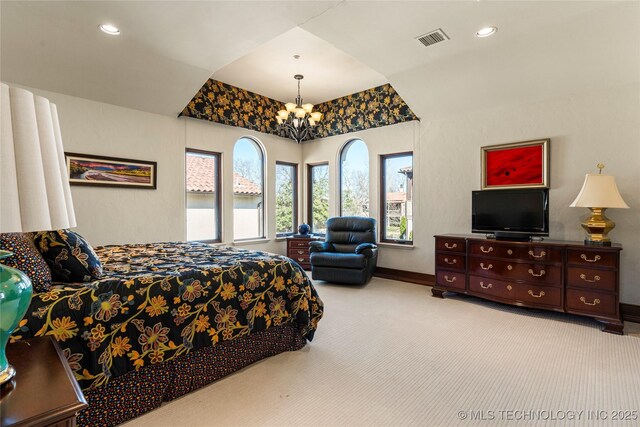 3217 E 61st Pl, Tulsa, OK 74136 - bedroom featuring carpet flooring, visible vents, baseboards, recessed lighting, and a notable chandelier