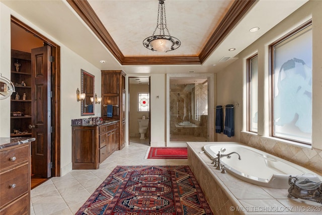 3217 E 61st Pl, Tulsa, OK 74136 - full bathroom with a healthy amount of sunlight, crown molding, a bath, and a stall shower