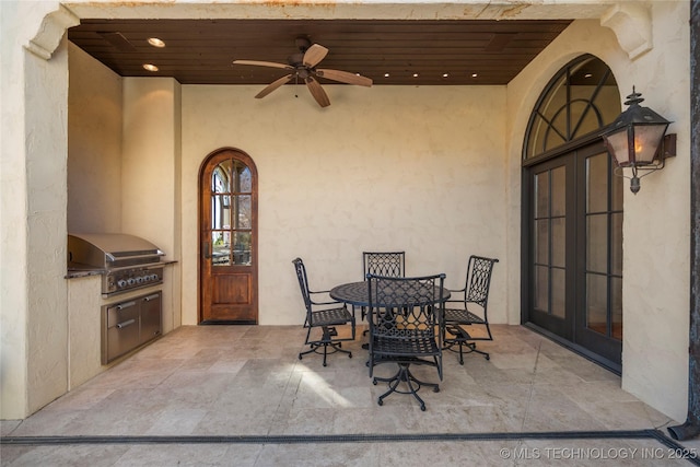 3217 E 61st Pl, Tulsa, OK 74136 - view of patio / terrace featuring area for grilling, a ceiling fan, outdoor dining area, and french doors