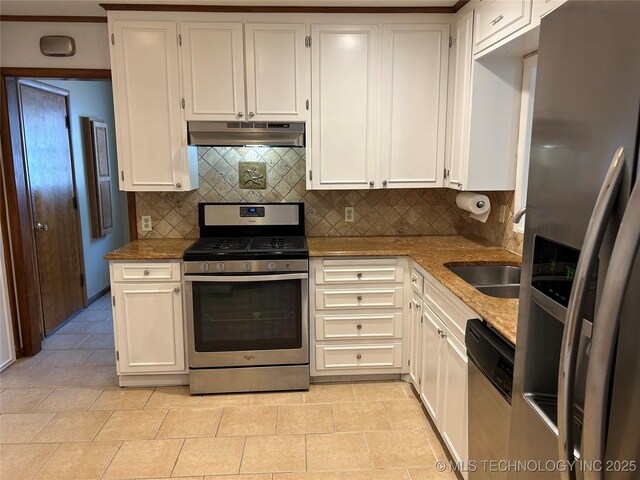 4331 S Norfolk Ave, Tulsa, OK 74105 - kitchen featuring appliances with stainless steel finishes, under cabinet range hood, tasteful backsplash, and white cabinetry