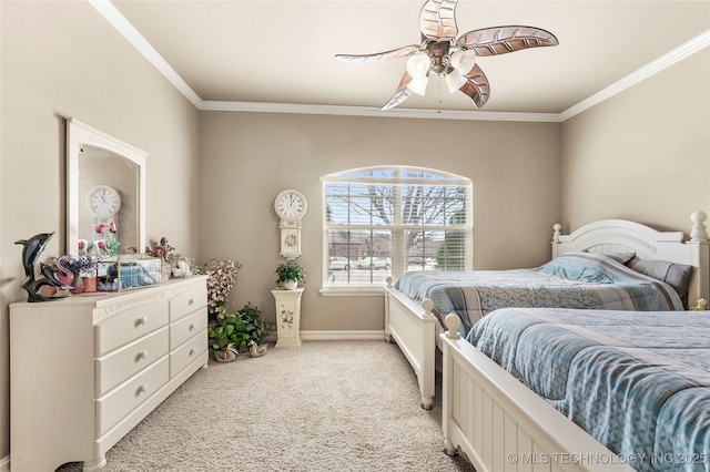 bedroom featuring ceiling fan, baseboards, light colored carpet, and ornamental molding