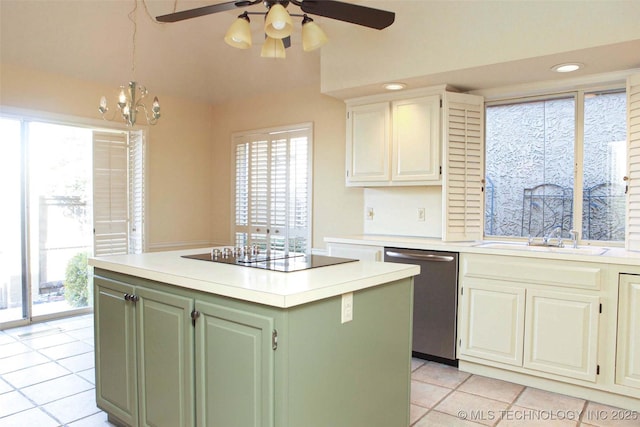 kitchen with light tile patterned floors, black electric cooktop, stainless steel dishwasher, and light countertops