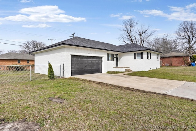 ranch-style home with fence, concrete driveway, an attached garage, a front yard, and brick siding