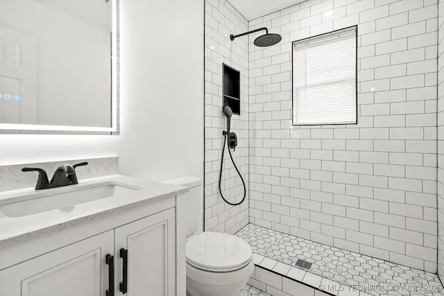 bathroom featuring toilet, a stall shower, and vanity