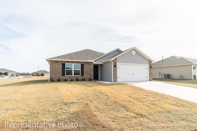 ranch-style house with brick siding, an attached garage, concrete driveway, and a front yard