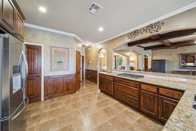 full bath featuring visible vents, beamed ceiling, a wainscoted wall, recessed lighting, and vanity