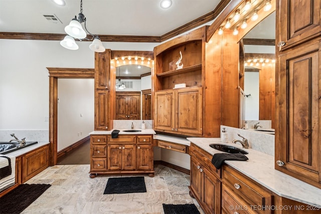 2365 Deer Run, Chouteau, OK 74337 - bathroom featuring crown molding, vanity, a garden tub, baseboards, and recessed lighting