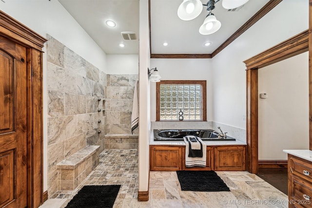 2365 Deer Run, Chouteau, OK 74337 - full bathroom with a bath, tiled shower, ornamental molding, vanity, and recessed lighting
