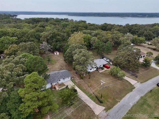 bird's eye view featuring a water view and a view of trees