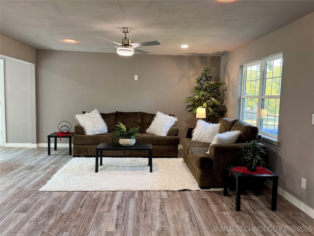 living area featuring a ceiling fan, wood finished floors, and baseboards