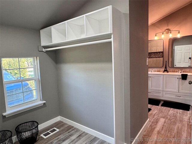 walk in closet with vaulted ceiling, wood finished floors, visible vents, and a sink