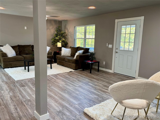 living room with wood finished floors, baseboards, and a wealth of natural light