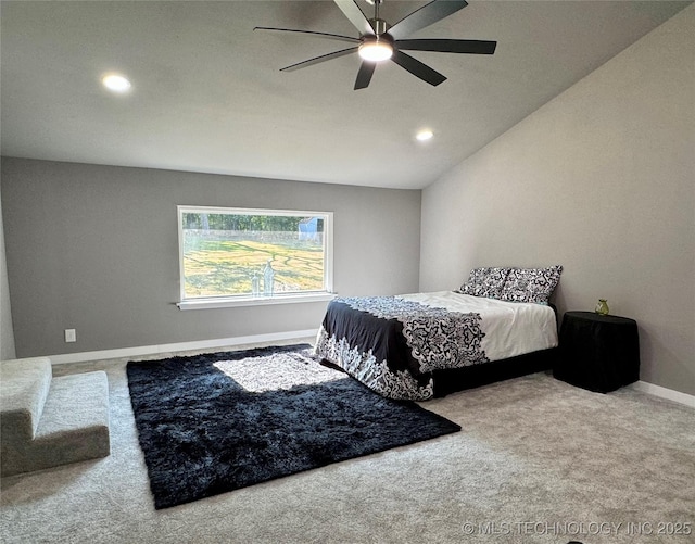 carpeted bedroom featuring recessed lighting, ceiling fan, lofted ceiling, and baseboards