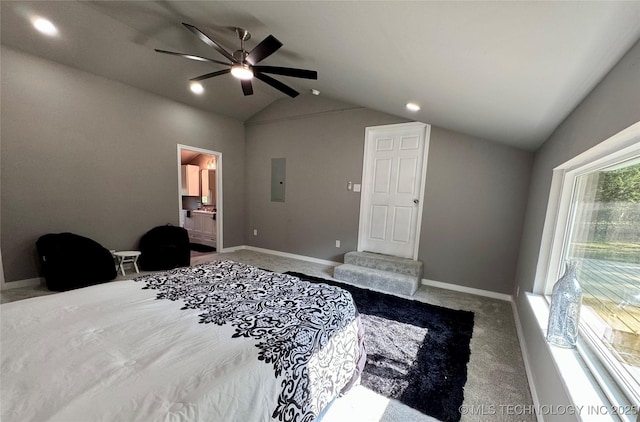 bedroom featuring lofted ceiling, electric panel, carpet, and baseboards