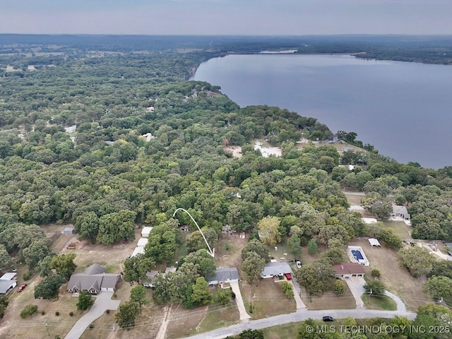 aerial view with a water view and a view of trees