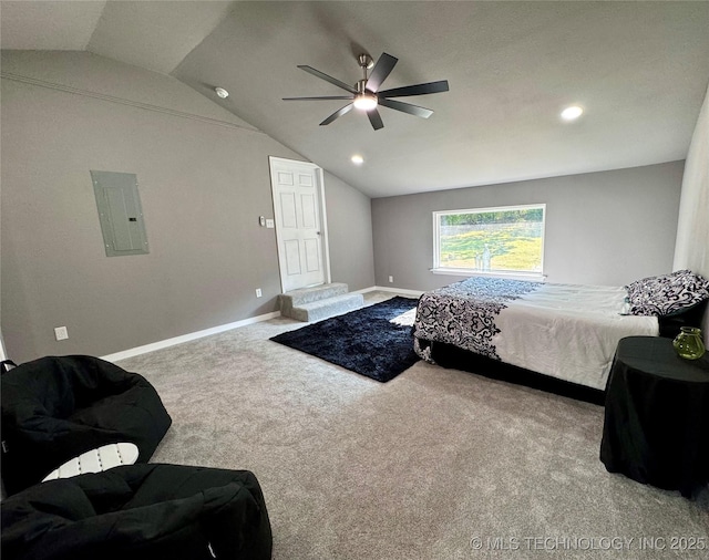 bedroom with electric panel, baseboards, lofted ceiling, and carpet