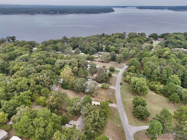 drone / aerial view featuring a forest view and a water view