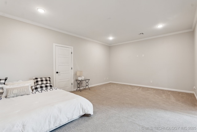 bedroom with carpet and ornamental molding