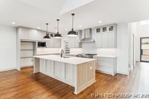 kitchen with wood finished floors, a center island with sink, a sink, light countertops, and wall chimney exhaust hood