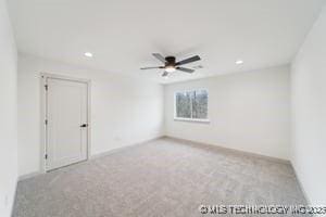 carpeted empty room with recessed lighting and a ceiling fan