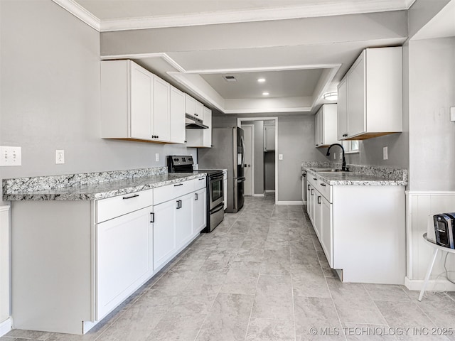 kitchen featuring a sink, light stone counters, under cabinet range hood, stainless steel electric stove, and white cabinetry