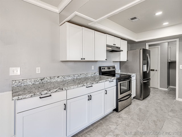 kitchen featuring under cabinet range hood, visible vents, appliances with stainless steel finishes, and white cabinetry