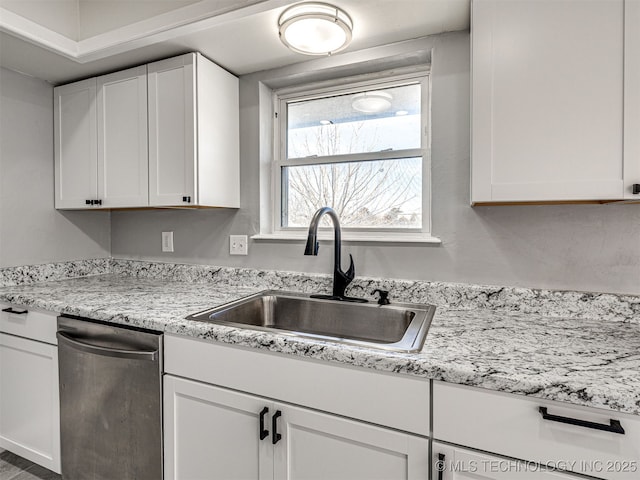 kitchen featuring a sink, stainless steel dishwasher, and white cabinetry