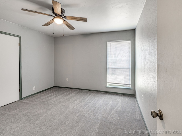 carpeted spare room featuring a ceiling fan and a textured wall