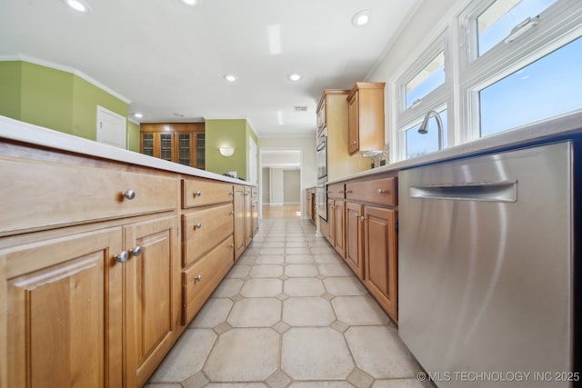kitchen with recessed lighting, dishwasher, and crown molding