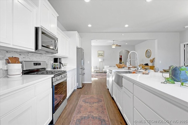 kitchen with tasteful backsplash, white cabinets, stainless steel appliances, and wood finished floors