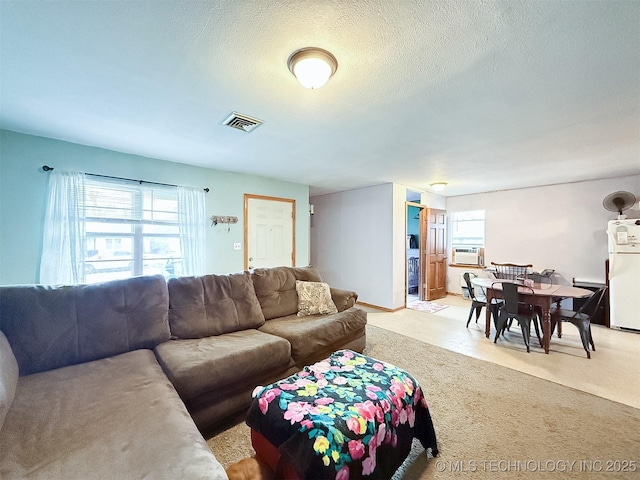 living area featuring light colored carpet, visible vents, a wealth of natural light, and a textured ceiling