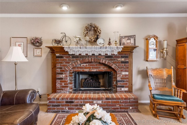 living room with a fireplace, baseboards, carpet floors, and ornamental molding