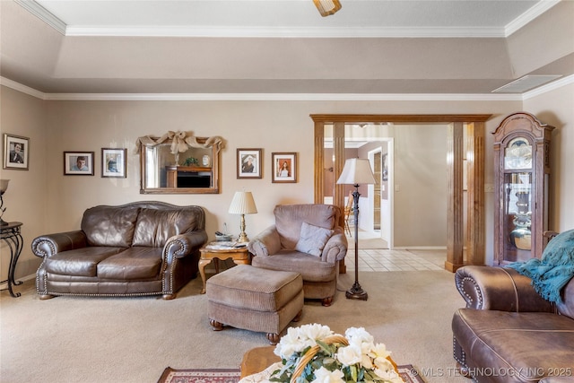 living area featuring a raised ceiling, carpet flooring, crown molding, and baseboards