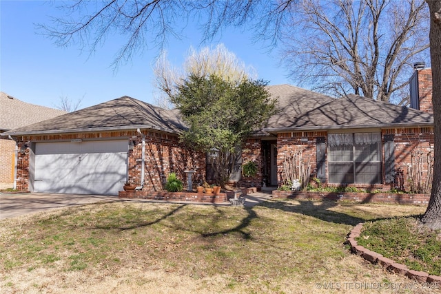 ranch-style house with driveway, a shingled roof, a front lawn, a garage, and brick siding