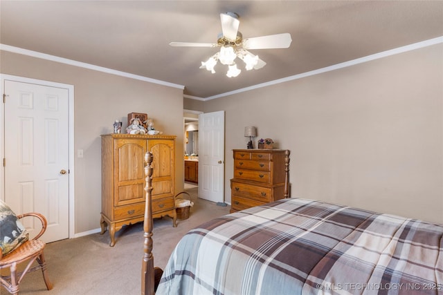 bedroom featuring ceiling fan, light colored carpet, baseboards, and ornamental molding