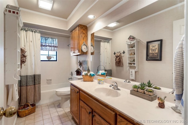 full bathroom featuring vanity, tile patterned flooring, shower / bath combo with shower curtain, crown molding, and toilet