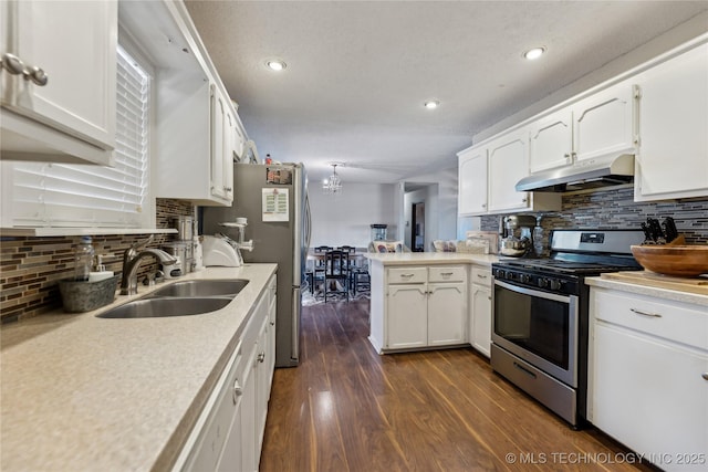 kitchen featuring dark wood-style floors, a sink, light countertops, under cabinet range hood, and appliances with stainless steel finishes