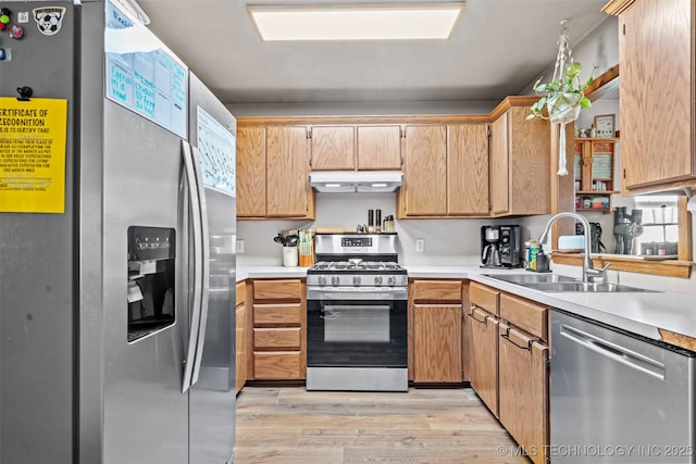 kitchen with a sink, light countertops, under cabinet range hood, and stainless steel appliances