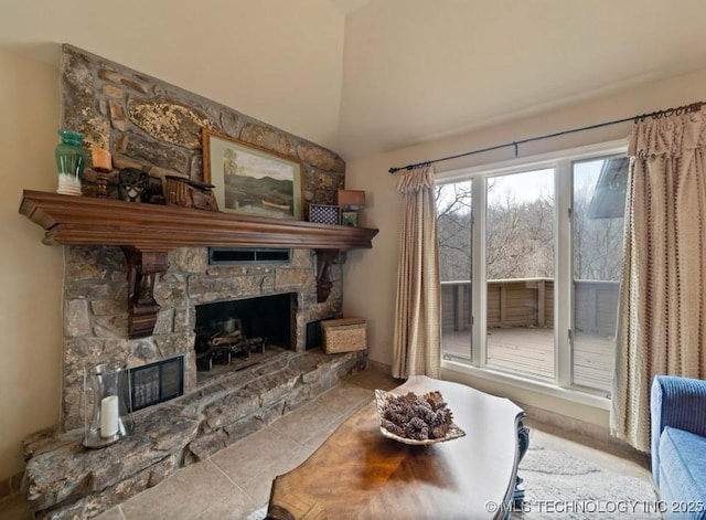 33861 S 4507th Rd, Afton, OK 74331 - living area with a fireplace, vaulted ceiling, and tile patterned floors