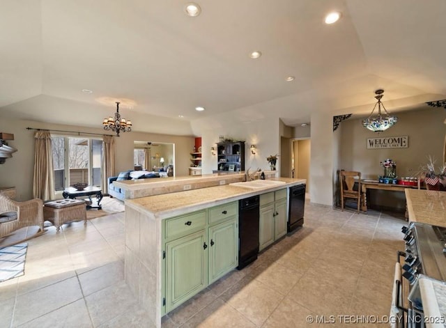33861 S 4507th Rd, Afton, OK 74331 - kitchen with green cabinetry, electric range, light countertops, a sink, and recessed lighting