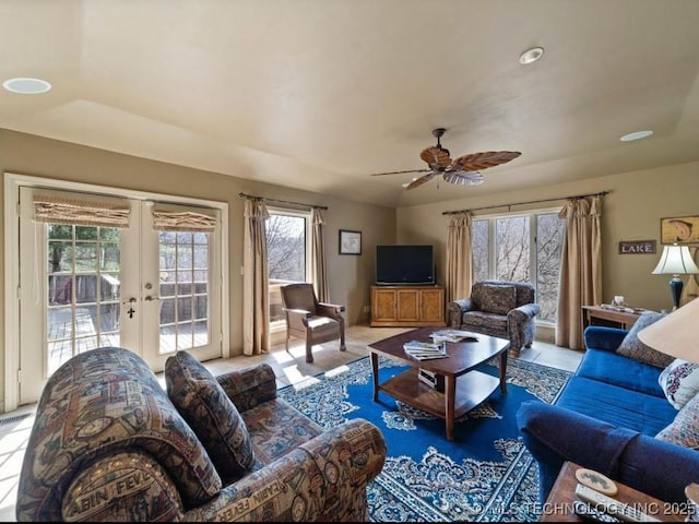 33861 S 4507th Rd, Afton, OK 74331 - living room with healthy amount of natural light, french doors, and a ceiling fan