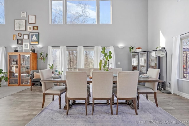 dining room featuring a towering ceiling, baseboards, and wood finished floors