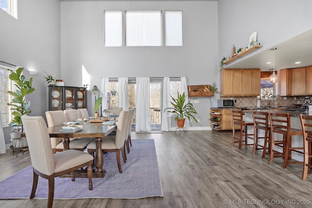 dining room featuring a high ceiling, dark wood-type flooring, and baseboards