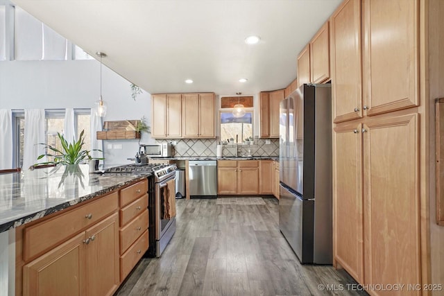 kitchen with light wood-style flooring, dark stone countertops, a sink, tasteful backsplash, and stainless steel appliances