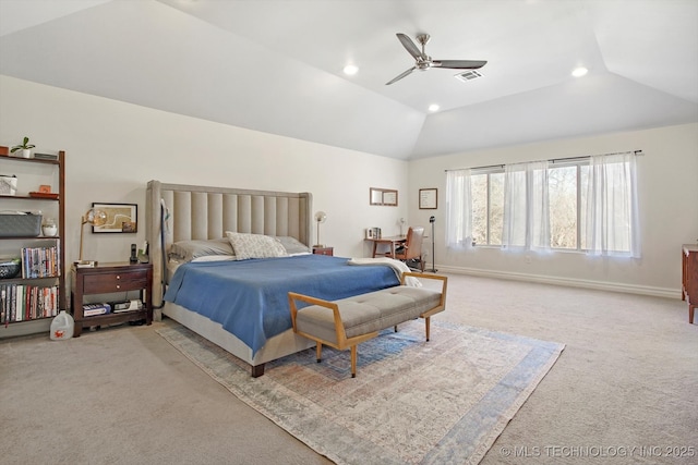 carpeted bedroom featuring vaulted ceiling, recessed lighting, visible vents, and baseboards