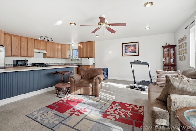 living room with ceiling fan, track lighting, baseboards, and light carpet